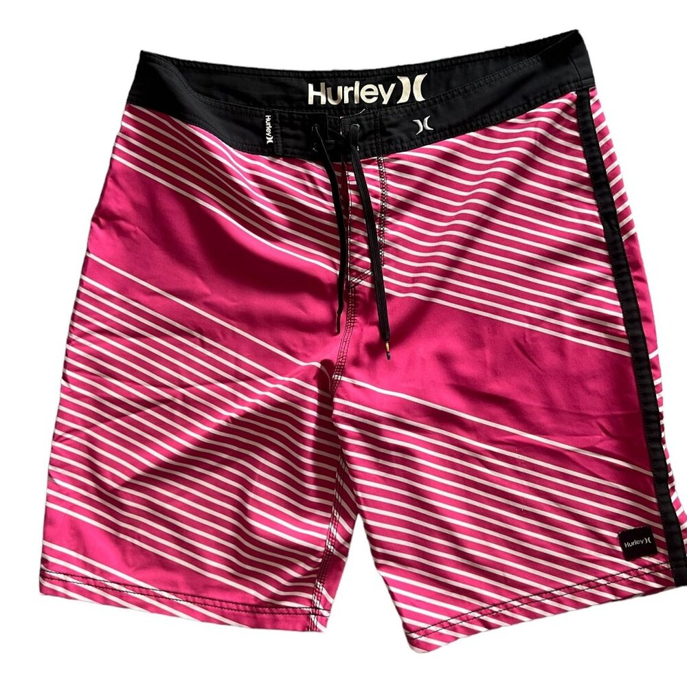 Hurley Pink & White Striped Board Shorts With Back Pocket - Size 38